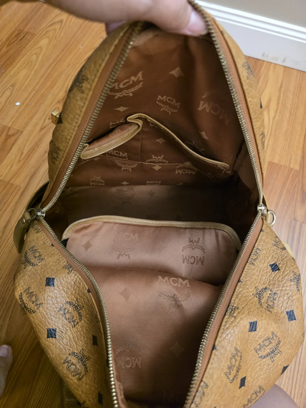 MCM Cognac Visetos Studded Leather Backpack with Pouch
